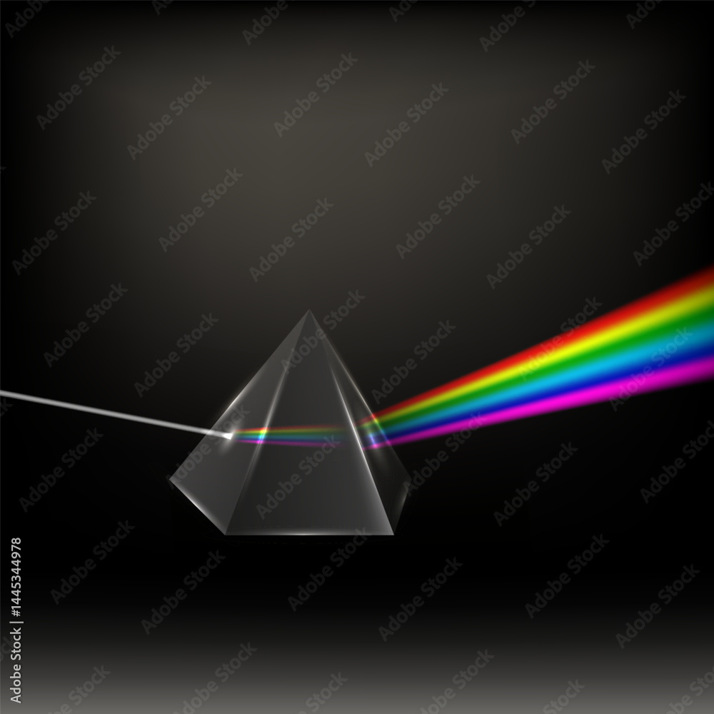 Vector Transparent Prism. Colorful Light Rays. Ray Rainbow Spectrum Dispersion. Optical Effect in Triangle Glass. Educational Physics Refraction. Laser Show.