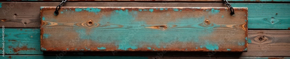 Weathered wood sign, aged metal frame Hanging from chains, wood backdrop , template, industrial, frame
