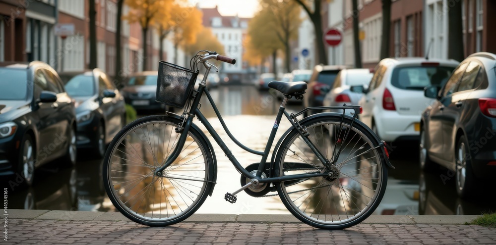 Vintage city bicycle parked, Copenhagen backdrop, cycle, retro bicycle