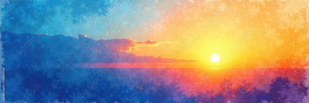 Watercolor sunset; blue-orange gradient border, soft focus, blotchy texture, background, landscape