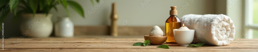 Wooden table with spa items, blurred bathroom background, health, body