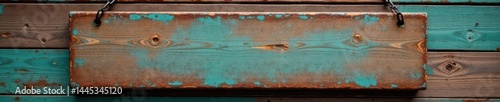 Obraz na płótnie Weathered wood sign, aged metal frame Hanging from chains, wood backdrop , template, industrial, frame w salonie