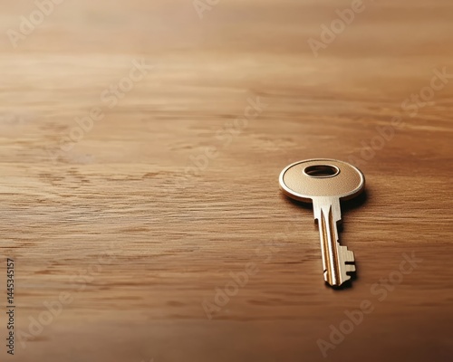 Emotion conflict inner mental. A single metallic key lies on a smooth wooden surface, highlighted by soft lighting.