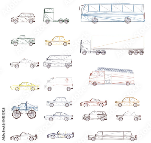 A collection of different types of vehicles, including cars, trucks, and buses. The vehicles are drawn in various styles and sizes, with some being more detailed than others. Side view