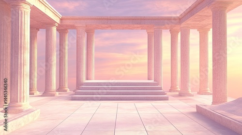 Serene Sunset Temple  Peaceful Columns  Pink Sky.