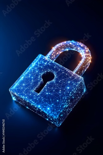 A glowing blue, polygonal padlock, digitally rendered, symbolizes security and privacy