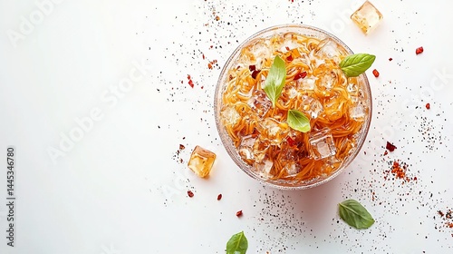 Cold noodles in a glass bowl with ice and herbs