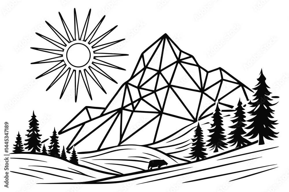 Fototapeta premium Geometric Mountain Scene with Sun, Pines, and Wildlife in Black Line Art