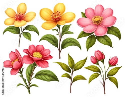 Collection of Yellow and Pink Flowers with Green Leaves