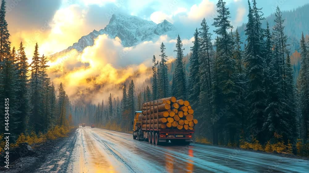 Truck transporting logs on forest road