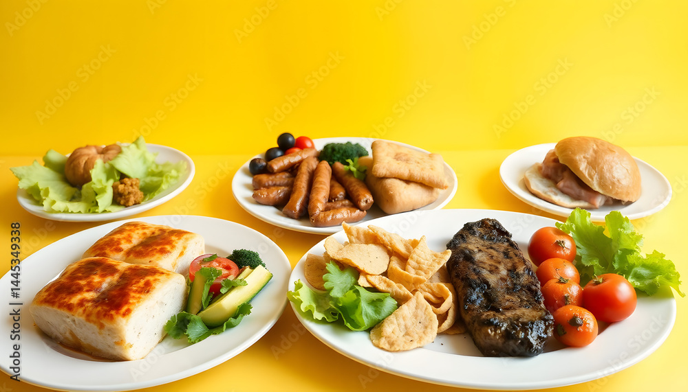 Variety of lunch served on plates isolated against yellow background. with white shades Variety of lunch served on plates isolated against yellow background. with white shades