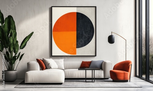 Abstract geometric wall art with concrete floor. AI generated illustration.
