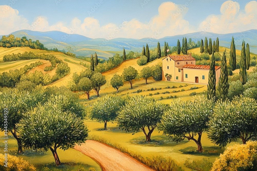 Obraz premium Beautiful lush landscape with rolling hills and olive trees in Tuscany during a sunny day