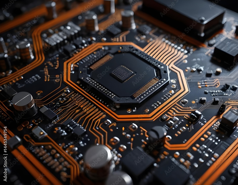 Fototapeta premium Close-up of Advanced Motherboard with Orange Traces