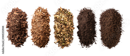 Pack of Mulch in Five Different Poses Against Transparent Background for Gardening Branding, Landscaping Promotion, or Soil Design Projects