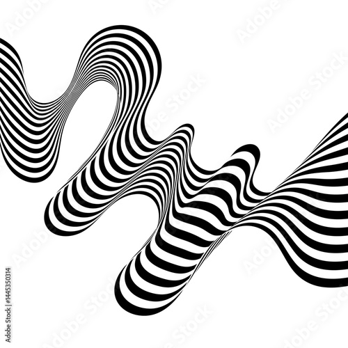 Black on white abstract perspective line wave stripes with 3d dimensional effect isolated on white. Eps 10