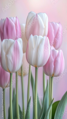 Close-up of pastel pink and white tulips with green leaves against soft pink background, showcasing vibrant sp floral arrangement and fresh blooming flowers