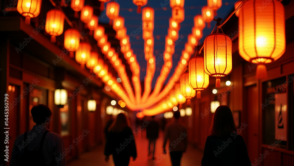 Candid Visitors Strolling Lantern Path at Japanese Festival - Evening Glow, Spiritual Ambiance, Empty Space for Text Candid Visitors Strolling Lantern Path at Japanese Festival - Evening Glow, Spiritual Ambiance, Empty Space for Text