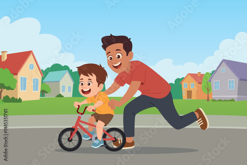 Father assisting son riding bicycle in park