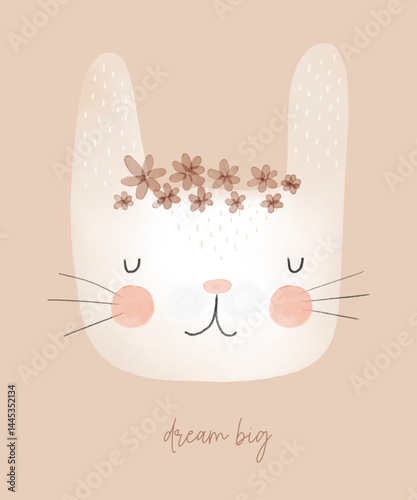 Cute White Rabbit In A Floral Wreath. White Bunny Head. Dream Big. Vector Illustration Of Sweet Dreamy Baby Rabbit on a Beige Background. Lovely Nursery Art With Bunny Toy. 