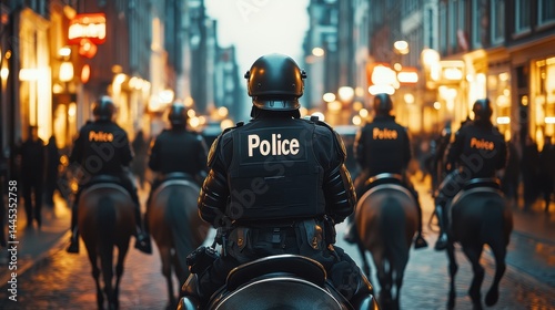 Police officers on horseback patrolling urban street in evening light