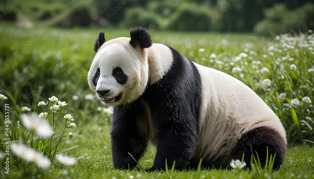 Obraz premium Giant Panda in a Field of Flowers