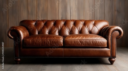 A beautifully crafted brown leather couch adds a touch of elegance to a cozy interior, showcasing rich textures against a backdrop of warm wooden walls and modern design.