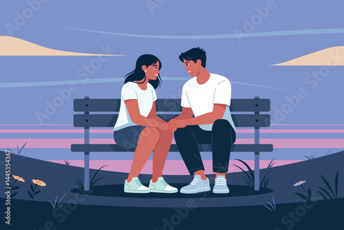 Couple enjoying romantic sunset while sitting on bench