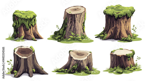 Vector tree stumps, set of old and overgrown stubs, stump stub isolated on a white background