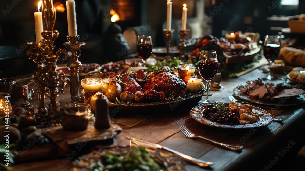 medieval feast table filled with roasted meats, goblets of wine, and candle-lit ambiance, capturing a historic era medieval feast table filled with roasted meats, goblets of wine, and candle-lit ambiance, capturing a historic era