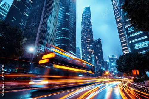 Busy city street at night with modern buildings and moving vehicles