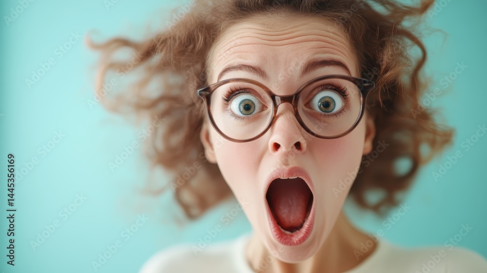 An energized woman with curly hair stands in shock, wide-eyed and mouth open, set against a vibrant turquoise background, encapsulating an intense and lively emotional moment. An energized woman with curly hair stands in shock, wide-eyed and mouth open, set against a vibrant turquoise background, encapsulating an intense and lively emotional moment.