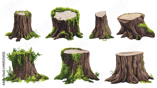 Vector tree stumps, set of old and overgrown stubs, stump stub isolated on a white background