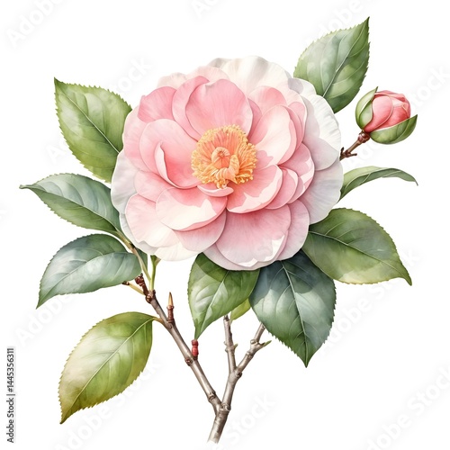 Pink Camellia Flower with Bud and Leaves