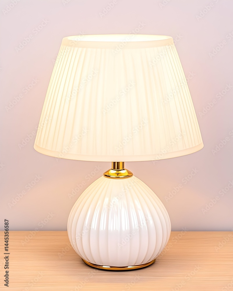 Elegant white table lamp with pleated shade, gold accents, and ribbed ceramic base Elegant white table lamp with pleated shade, gold accents, and ribbed ceramic base