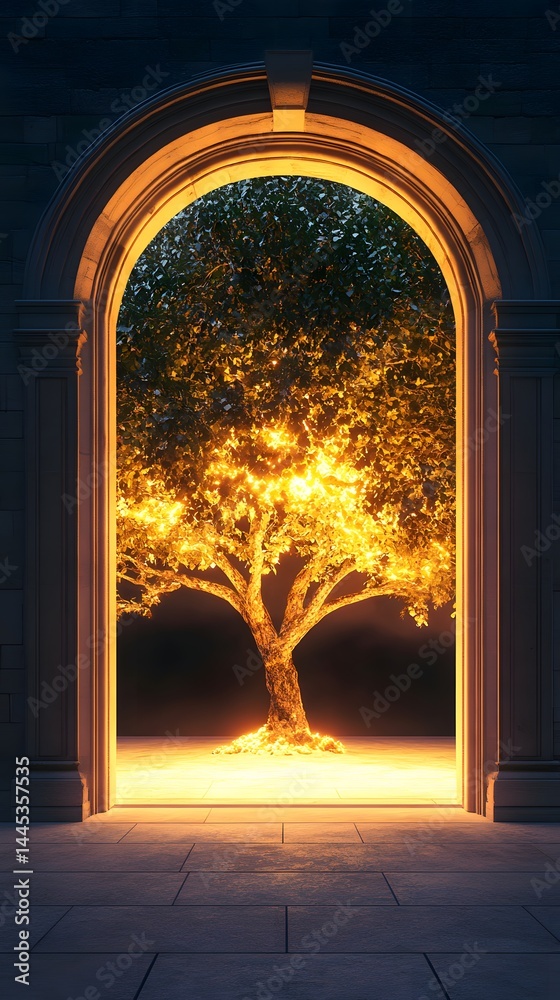 Fototapeta premium A vault opens to unveil a magical glowing tree, representing the intertwining of wealth and growth in a captivating visual.