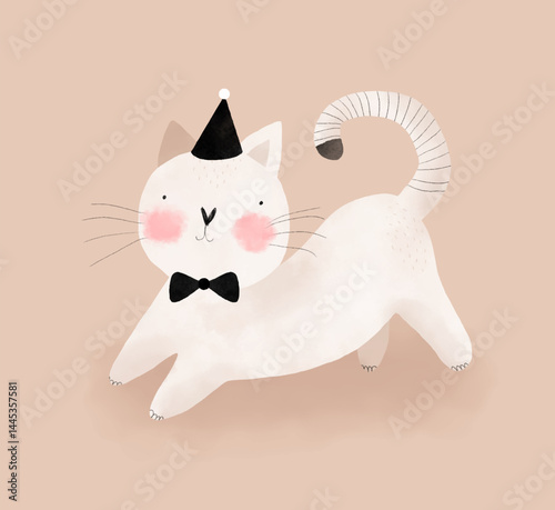 Cute Simple Vector Illustration with Little White Cat on a Light Coral Brown Background. Simple Nursery Art for Kids. Print with Funny Kitty ideal for Wall Art, Card, Poster, Kids Room Decoration.