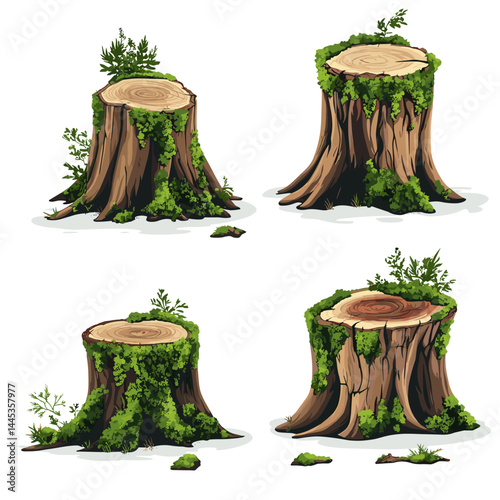 Vector tree stumps, set of old and overgrown stubs, stump stub isolated on a white background
