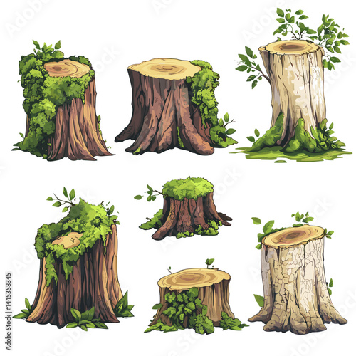 Vector tree stumps, set of old and overgrown stubs, stump stub isolated on a white background