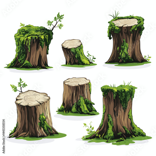 Vector tree stumps, set of old and overgrown stubs, stump stub isolated on a white background