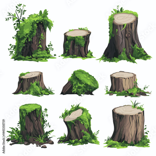 Vector tree stumps, set of old and overgrown stubs, stump stub isolated on a white background