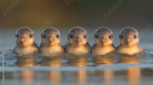 Five charming baby dolphins swimming abreast