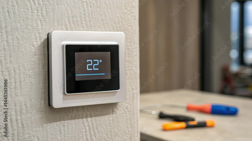 Smart digital thermostat wall mounted for home interior temperature control creating comfortable warm environment energy saving Smart digital thermostat wall mounted for home interior temperature control creating comfortable warm environment energy saving