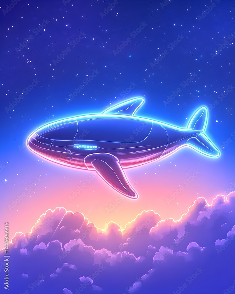 Naklejka premium Neon whale-shaped aircraft soars above pastel clouds and a starry twilight sky