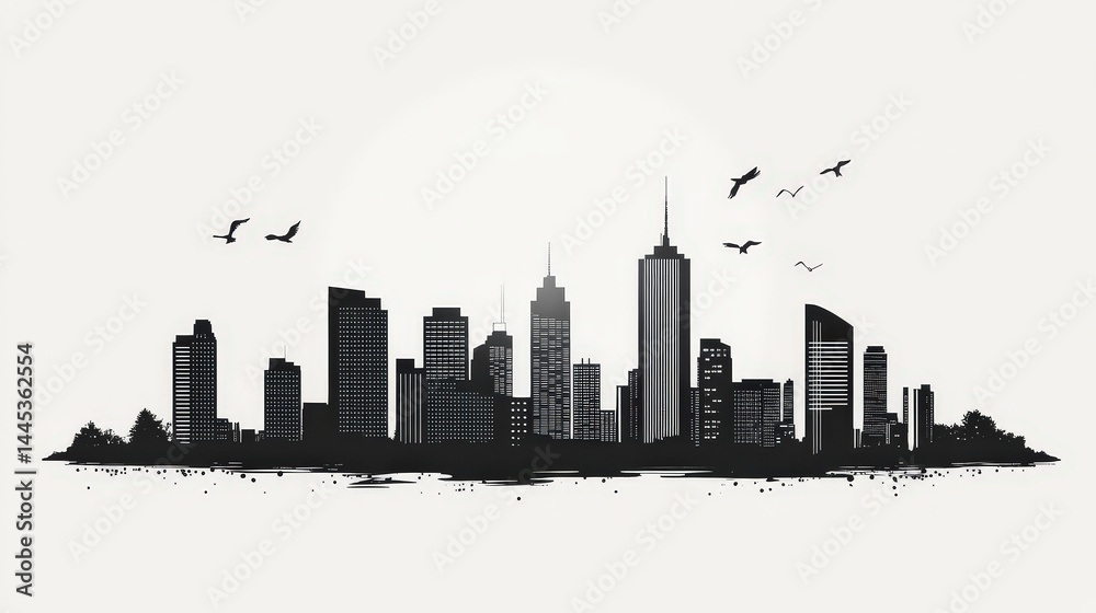 Obraz premium minimalist vector illustration of a city skyline with clean lines and monochrome tones.