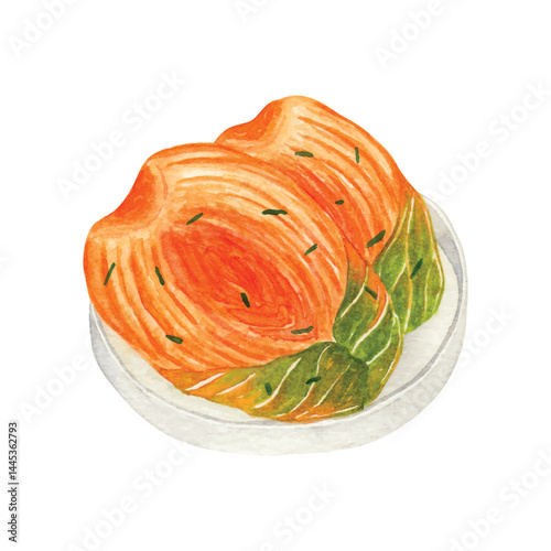 Watercolor illustration of traditional Korean kimchi with vibrant red and green tones. Ideal for food packaging, restaurant menu, label, banner, and branding design.