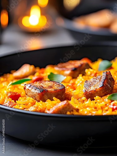 Saffron rice dish with grilled meat, bell peppers, and herbs in a dark pan