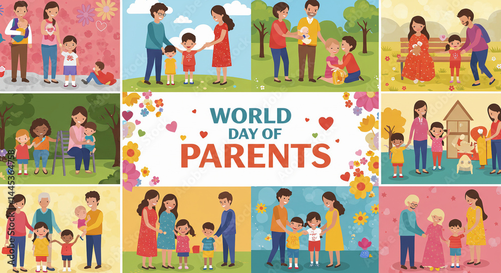 Fototapeta premium World Day of Parents Celebration Background with Family Icons and Floral Decoration