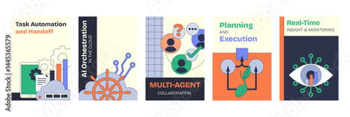 Agent_as_a_Service focuses on AI orchestration with gears and charts, highlighting automation and collaboration, transparent background.
