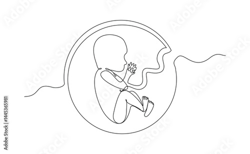 Continuous single line of baby fetus in mother womb. Human embryo with umbilical cord sketch drawing editable stroke vector illustration